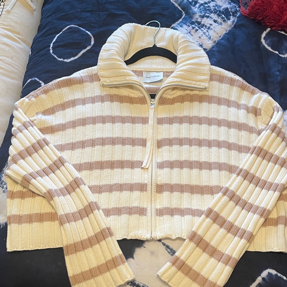 Pink Rose Cream and Tan Striped Cropped Zip Cowl Sweater